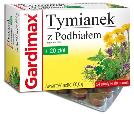 Gardimax Tymianek z Podbiałem + 20 ziół, pastylki do ssania, 24 pastyl. (2 blist. po 12 pastyl.)  