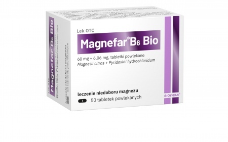 Magnefar B6 Bio 60mg jonów Mg2+ + 6,06mg, tabletki powlekane, 50 tabl.  